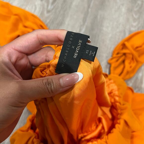 Michael Costello x REVOLVE Everett Orange Ruffle Asymmetric Mini Dress XS - Picture 6 of 8